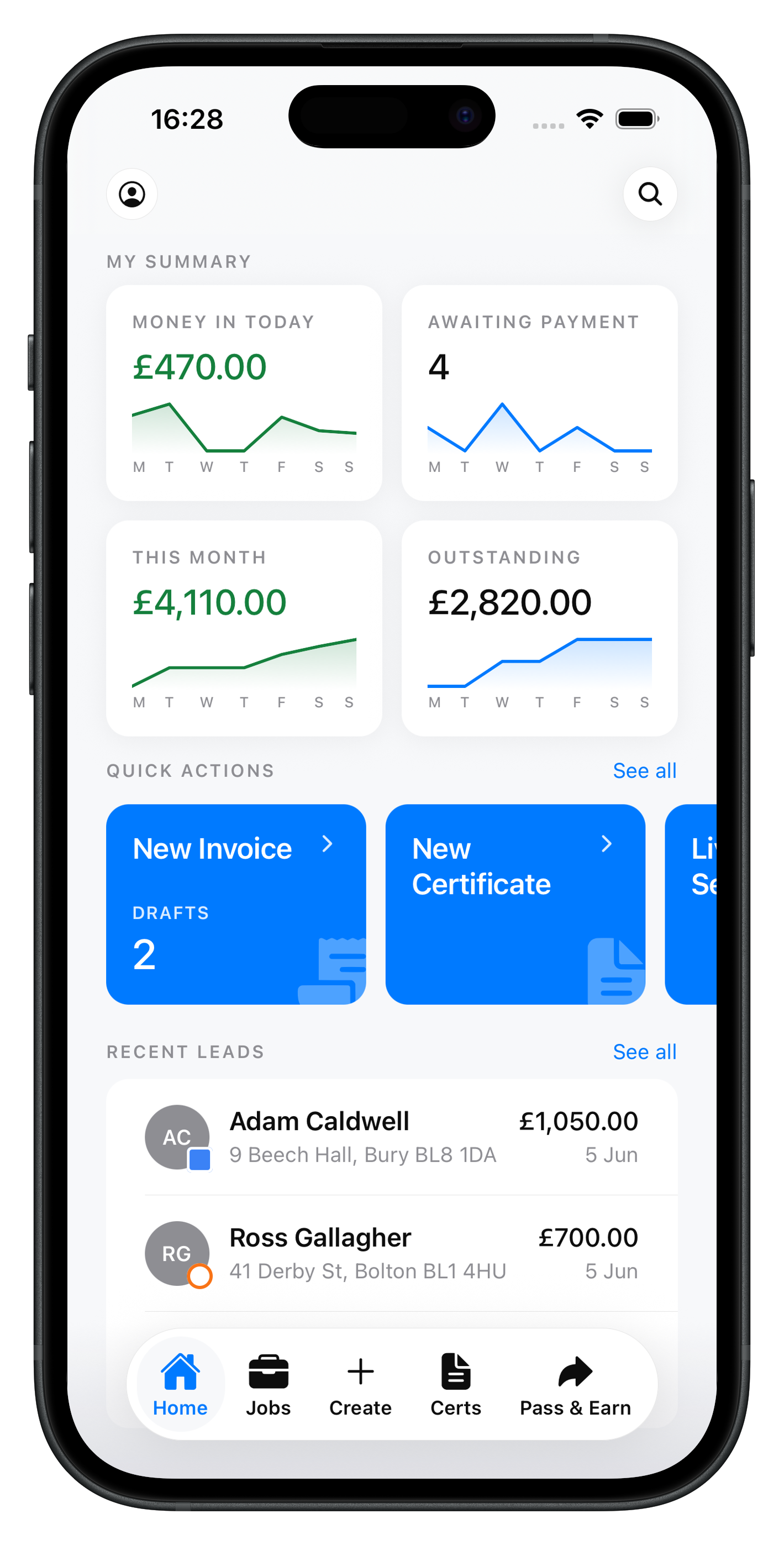 The TradePals app on an iPhone, showing today’s jobs