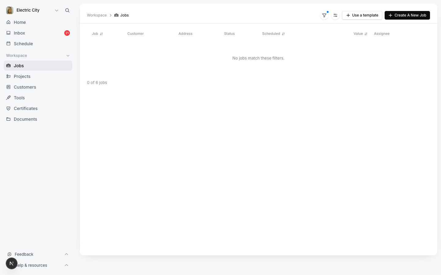 The invoices list, with payment status against each job