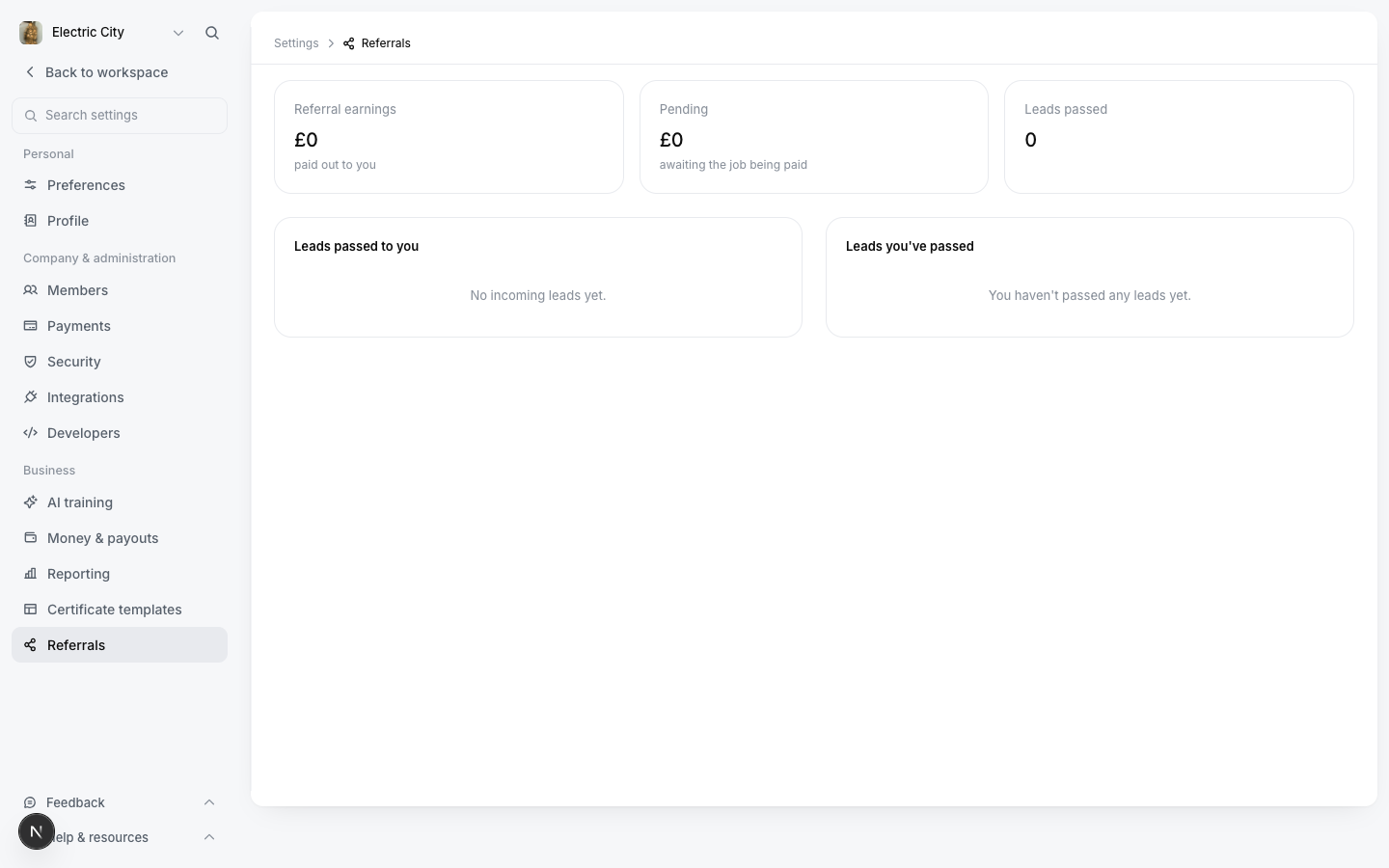 The network page, with a lead passed to another firm and the cut set against it