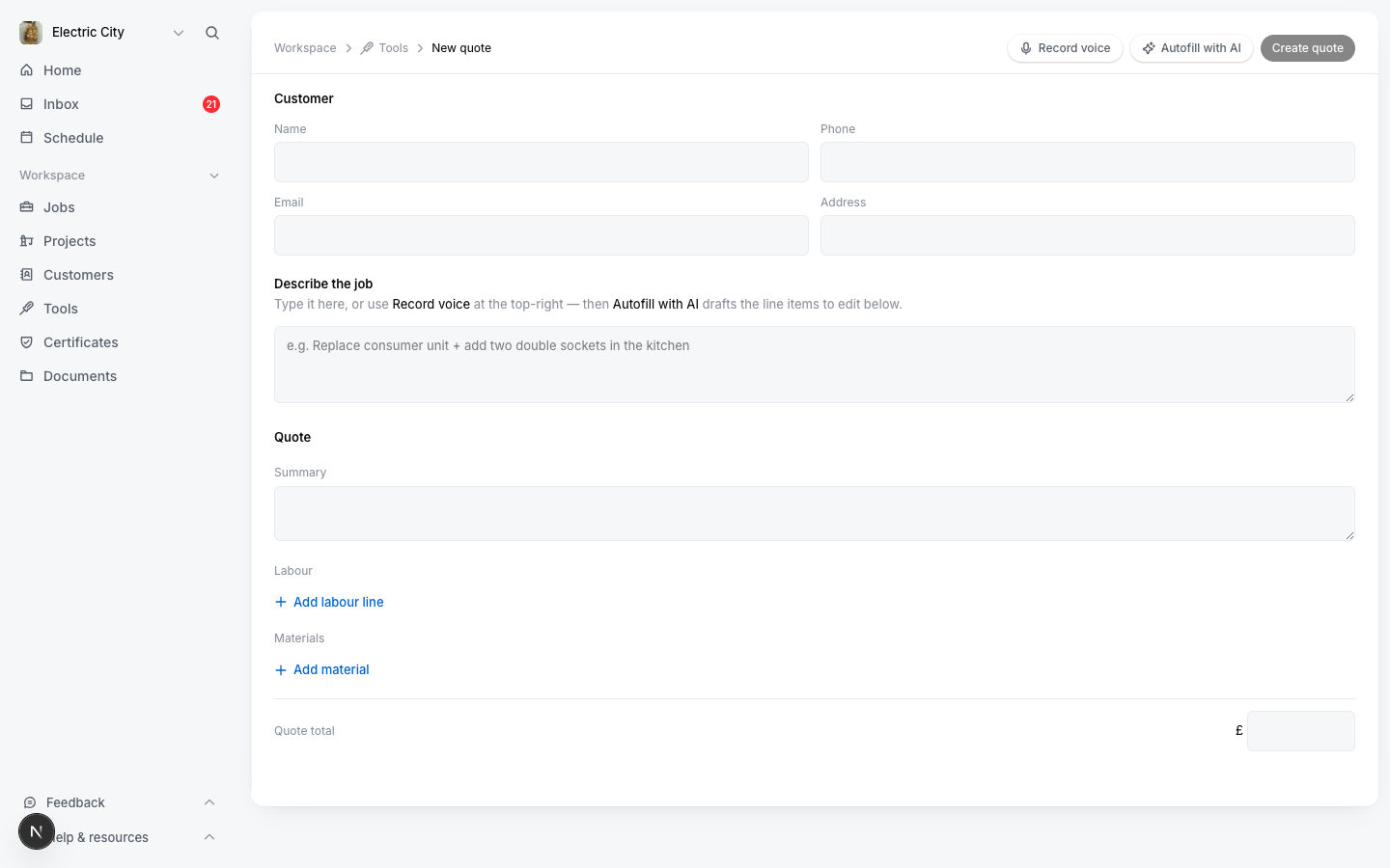 The quote builder, with labour and materials as line items